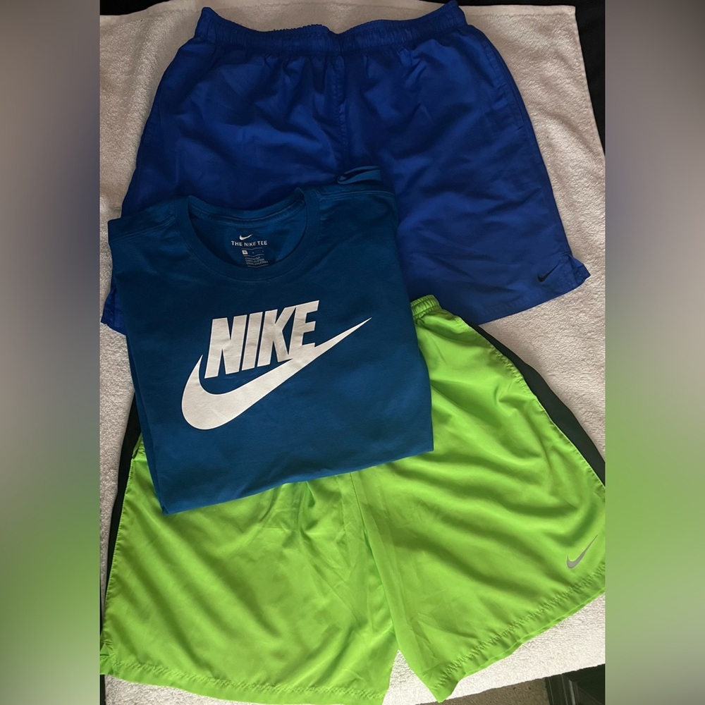 Nike Blue and Neon Green Shorts, Size Large with Nike Blue T-Shirt